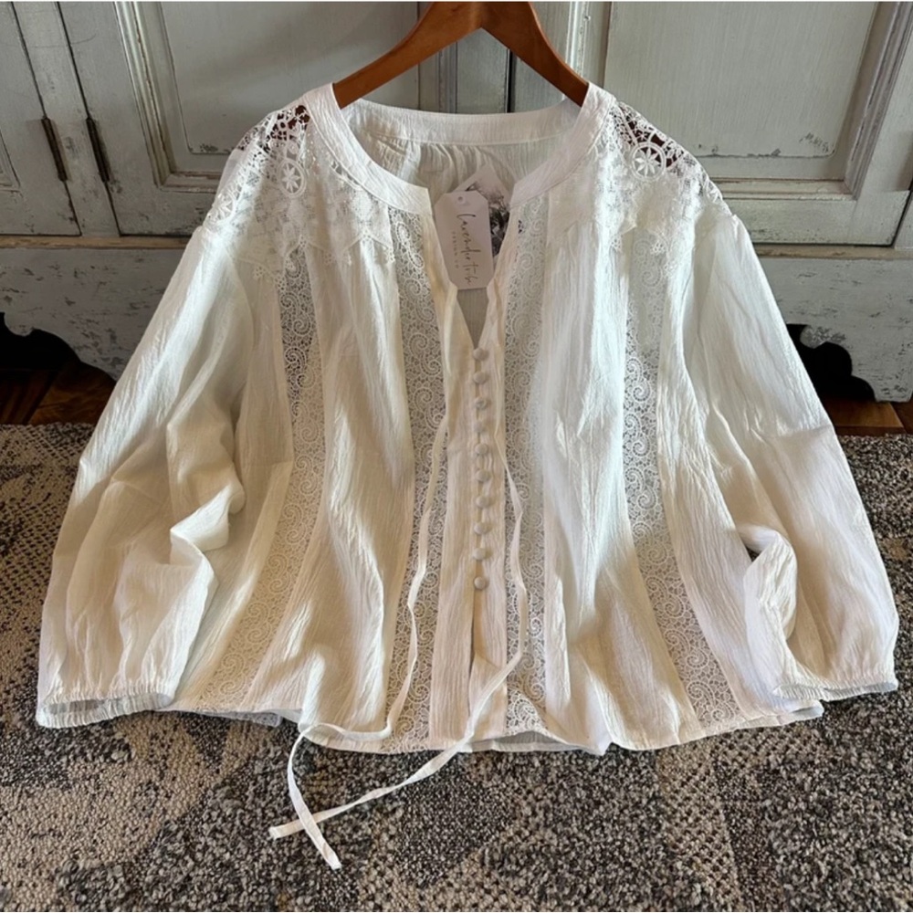 New White Lace Inset 3/4 Sleeve Button Front Floral Blouse Top Women's Boho - Picture 5 of 11